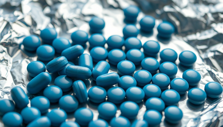 Close-up view of blue pills scattered on foil surface.