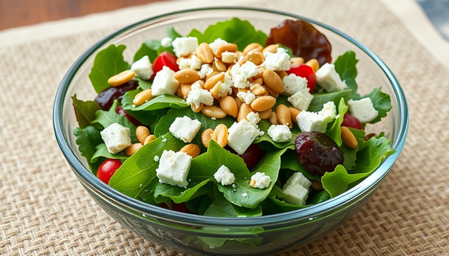 Spring mix salad recipe with feta and pine nuts in a glass bowl.