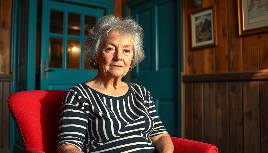 Older woman seated in rustic interior, warm lighting, rural healthcare telehealth.
