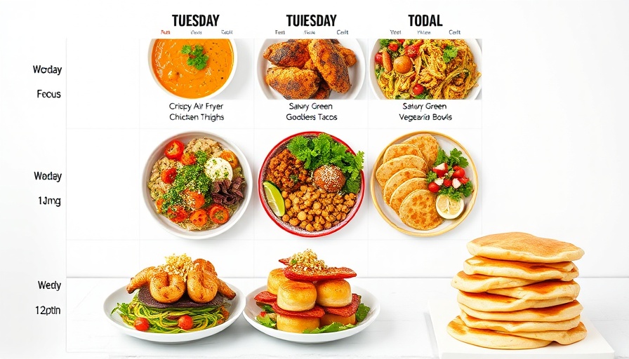 Colorful weekly meal plan with diverse dishes for each day.