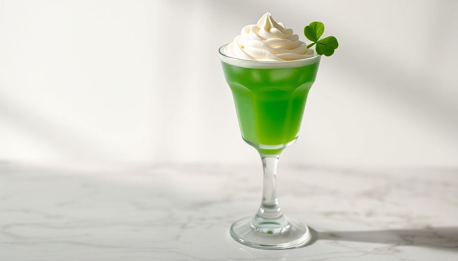 St. Patrick's Day green cocktail with whipped cream and shamrock.