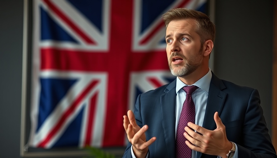 Professional man discusses UK government AI funding overhaul, UK flag in background.
