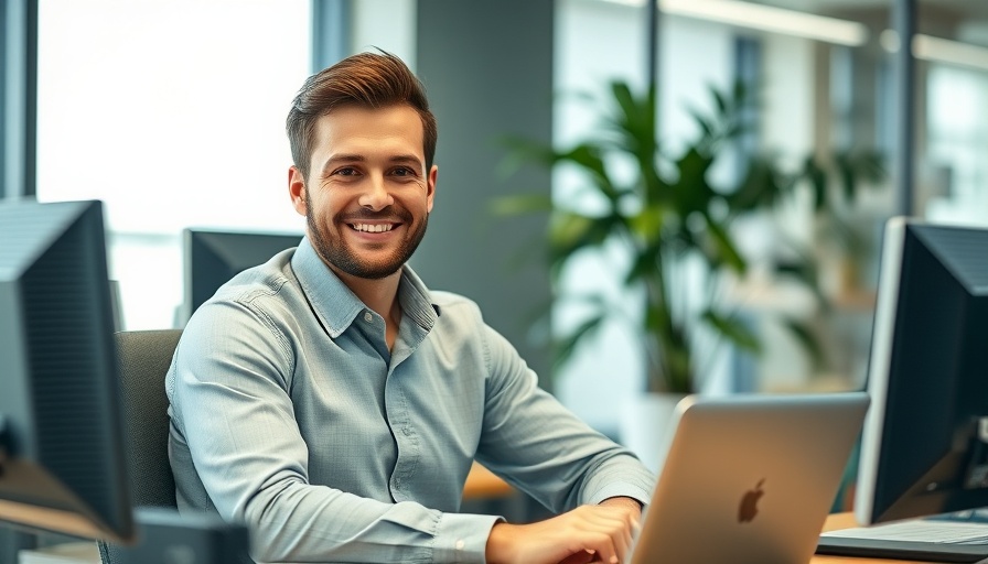 Casual man smiling at desk in office, plant in background.