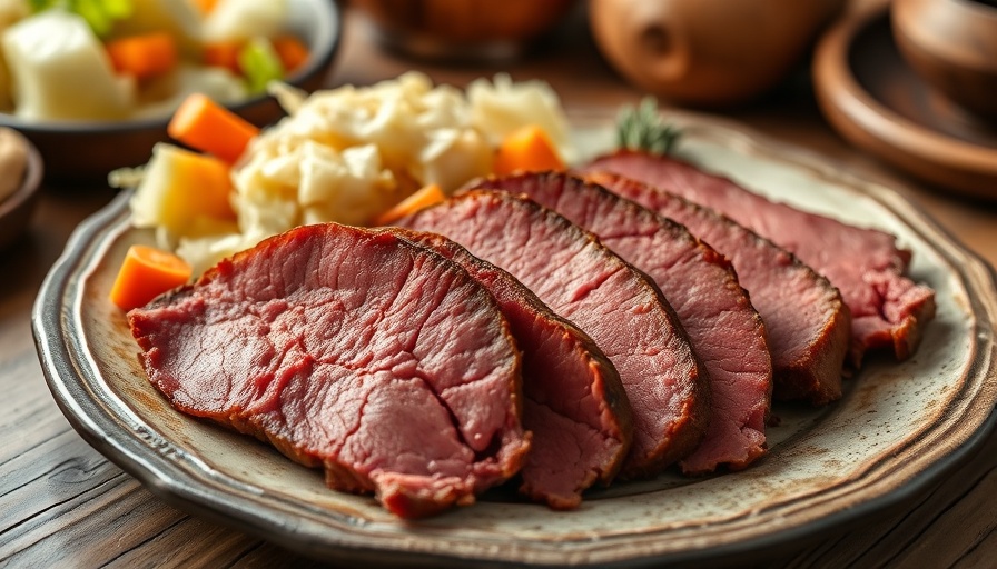 Slow Cooker Corned Beef with cabbage and carrots on a rustic plate.