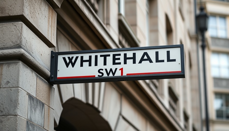 Whitehall SW1 street sign on stone building, public sector location.