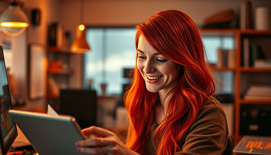 ChatGPT Deep Research: Red-haired woman engaged in vibrant digital study.