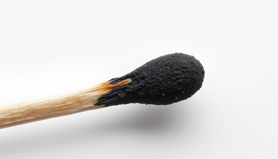 Charred matchstick symbolizing burnout, close-up view.