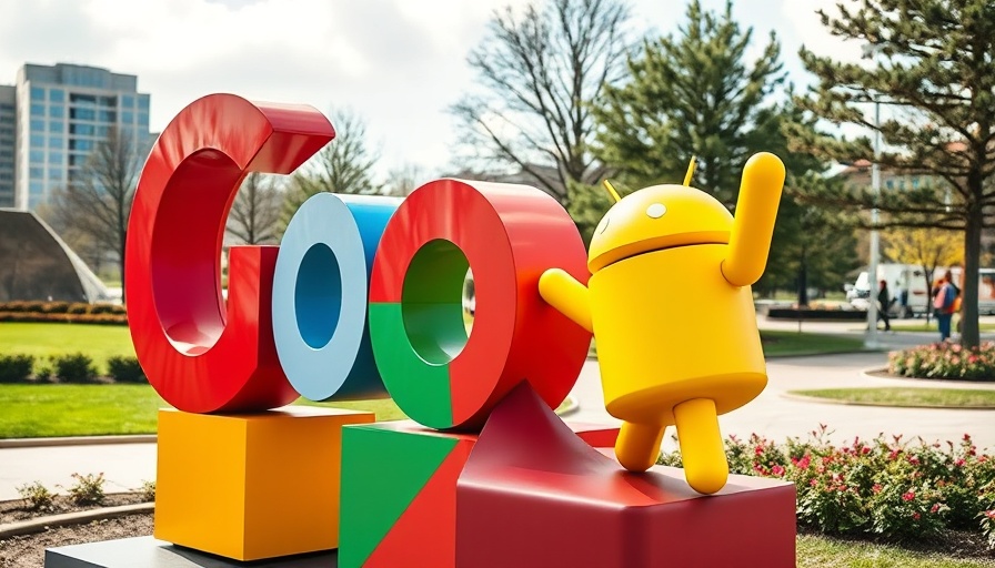 Colorful Google sculpture with Android, outdoor park setting.