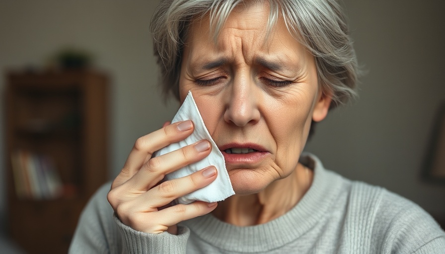Woman with pained expression holding ice pack, linking stress and oral health.