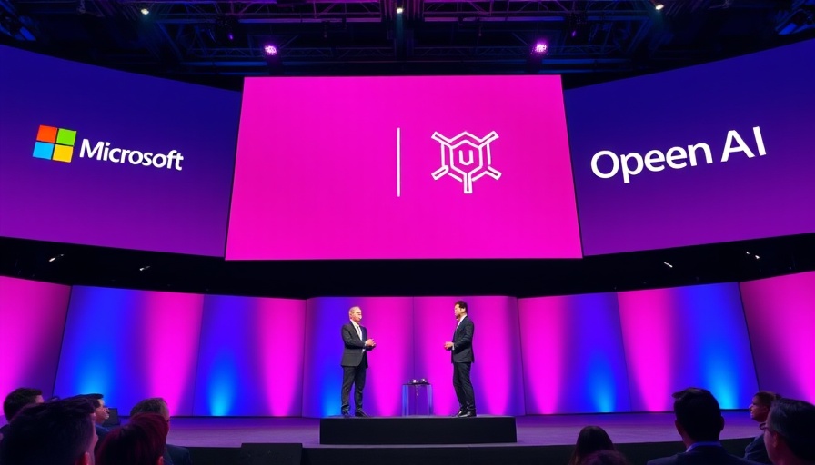 Conference stage with Microsoft and OpenAI logos, vibrant lighting.
