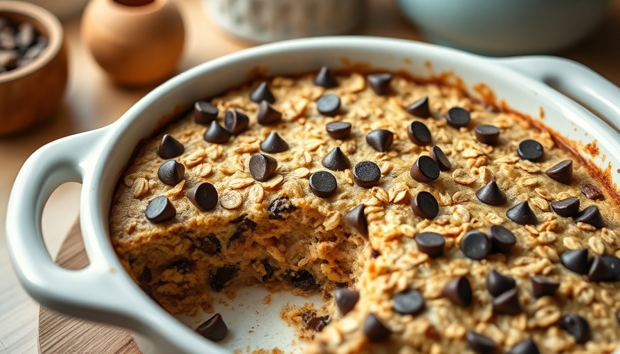 Chunky Monkey Banana Baked Oatmeal in a white dish with chocolate chips.
