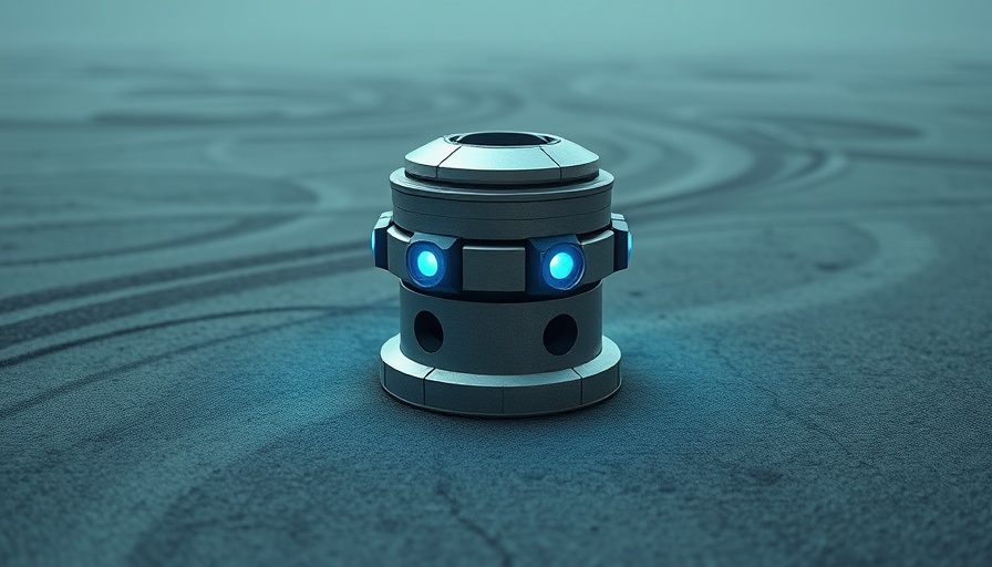 Futuristic turret with blue lights on textured floor.