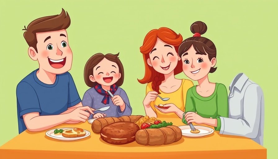 Family dining interaction showcasing gentle parenting, cartoon style.
