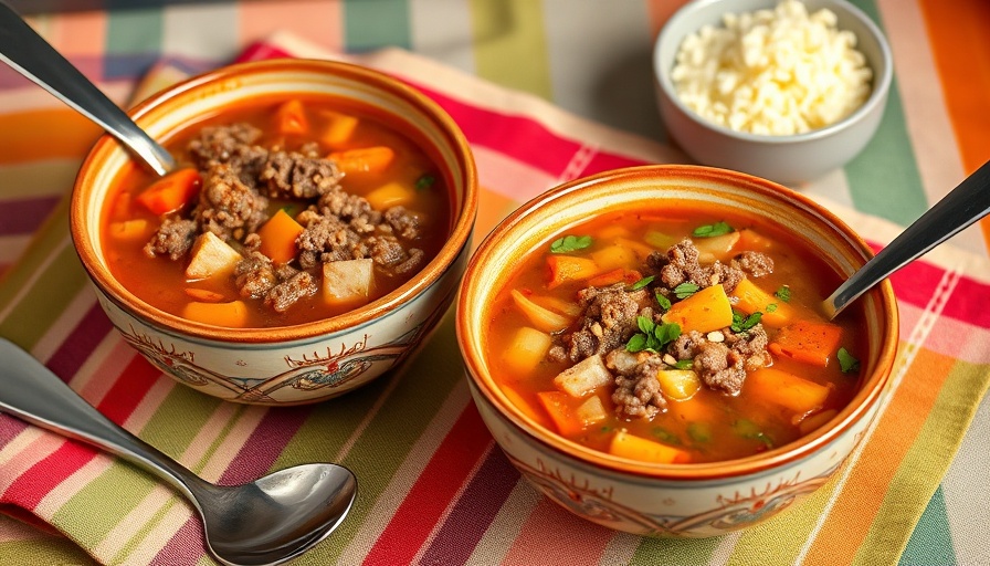Hearty ground beef vegetable soup in bowls on a colorful cloth.