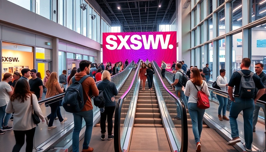 Lively SXSW 2025 event entrance with AI themes, modern atmosphere.