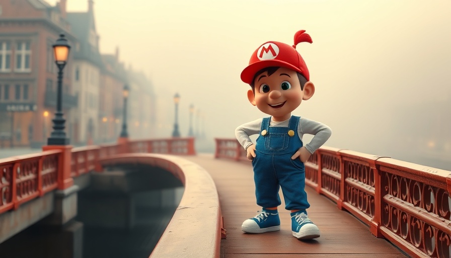 Bright animated character on bridge in foggy cityscape, vibrant colors.