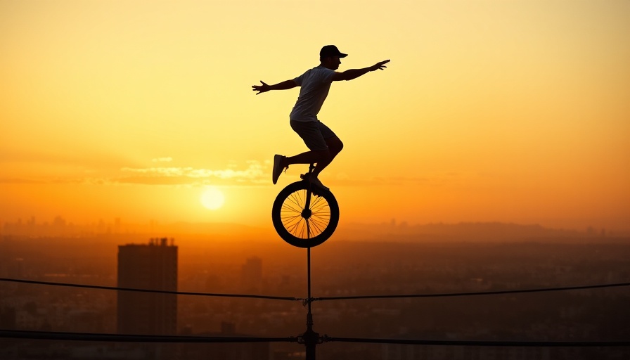 Silhouette of a person on a unicycle on a tightrope at sunset, urban backdrop.
