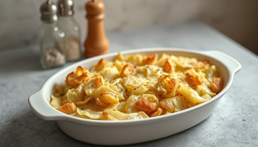 Golden brown cabbage gratin in a white dish on gray countertop.
