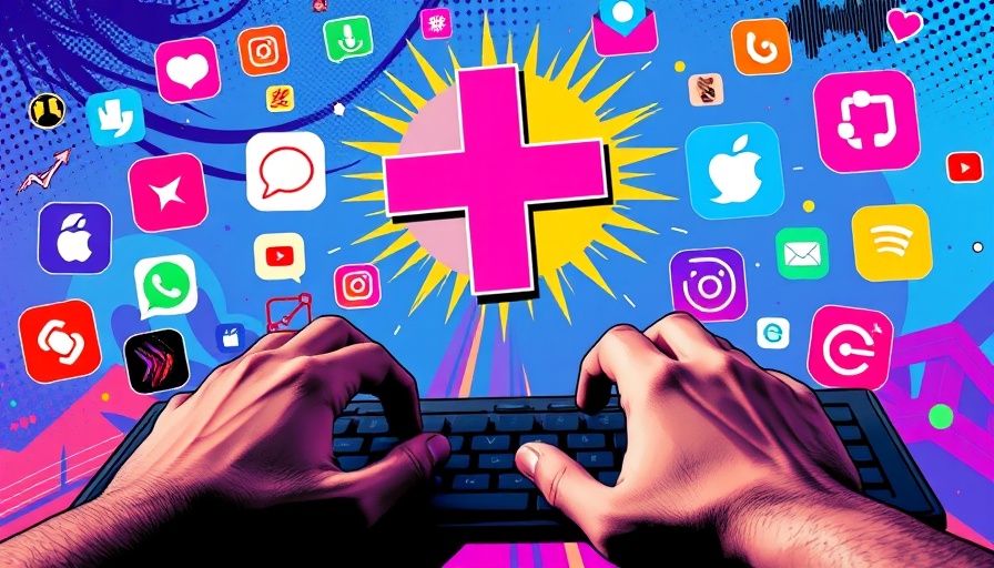 Illustration of hands typing with digital logos to boost your team's productivity.