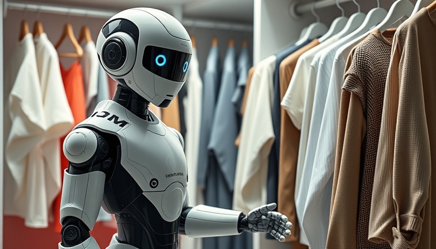 AI Personal Stylist Apps - Robot in wardrobe helping select clothes.