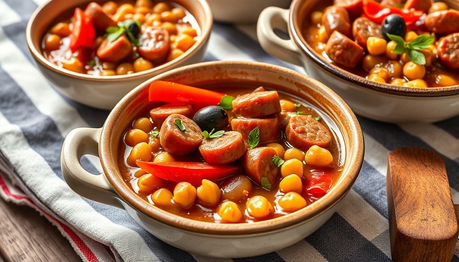 Delicious sausage and chickpea stew in bowls on striped cloth.