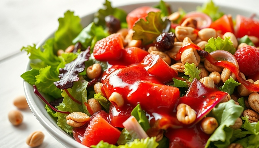 Vibrant salad with homemade raspberry vinaigrette on a white table.