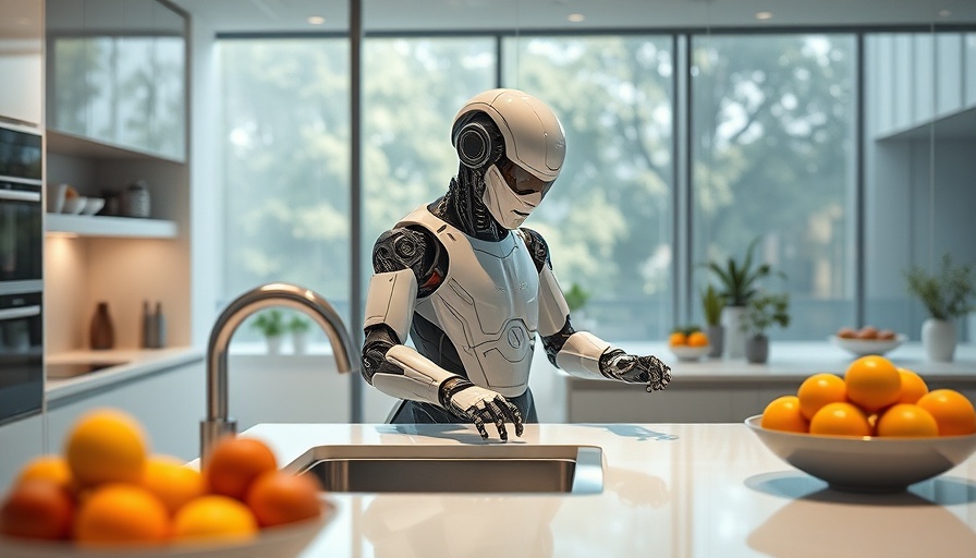 Modern kitchen with humanoid robot assisting person at sink.