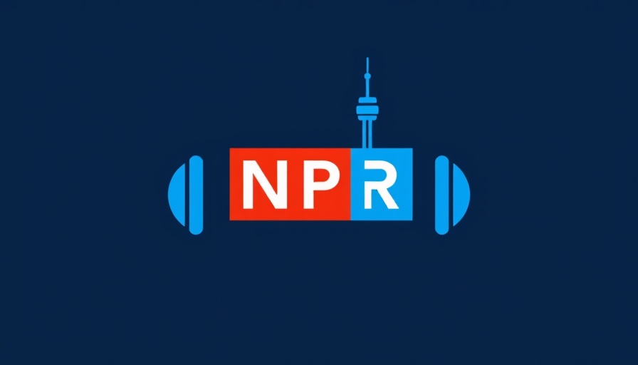 Minimalist NPR logo with headphones and radio tower, dark blue theme.