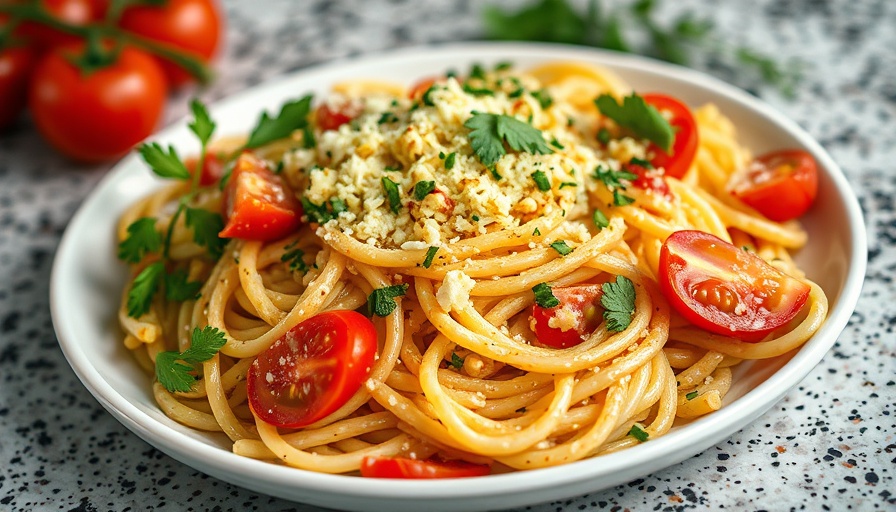 Cheesy orzo bake with herbs and tomatoes in a white dish.