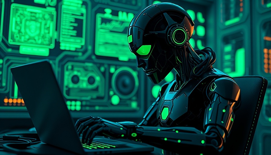 AI-Powered Smart Spaces: humanoid robot using laptop in high-tech setting