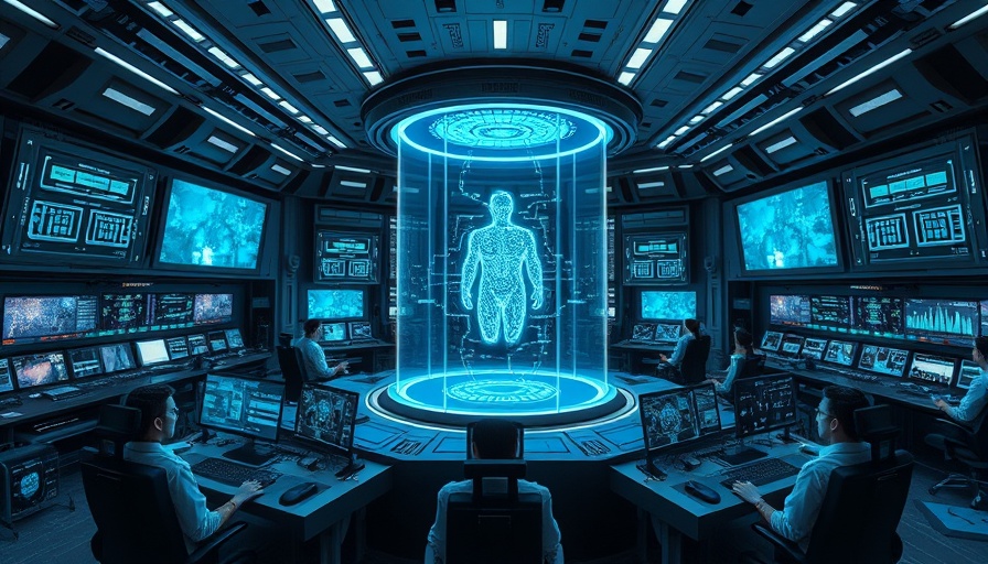 Futuristic control room managing AI threats with digital hologram.