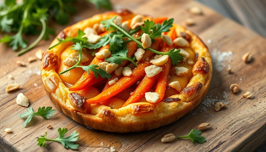 Golden roasted carrot puff pastry tart with arugula and nuts.