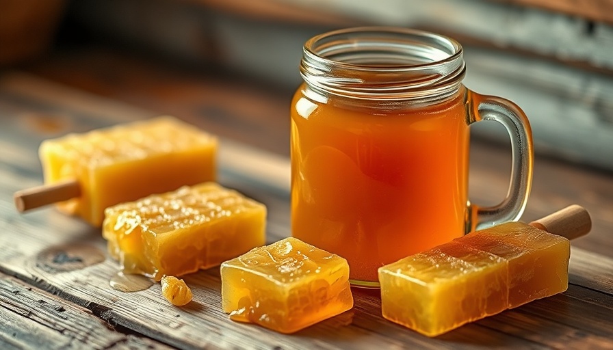 Golden honey in jar and honeycomb on rustic table, highlighting benefits of honey for immunity and fitness.