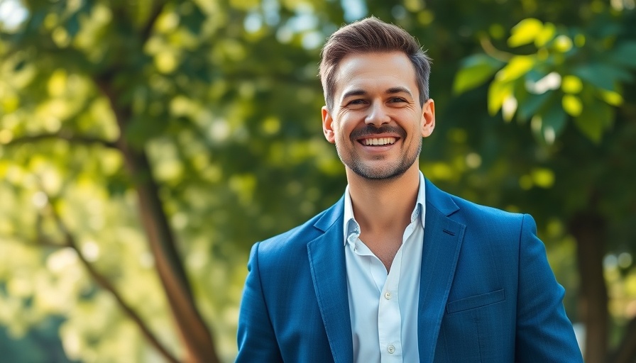 Smiling man in blue blazer outdoors, green trees background