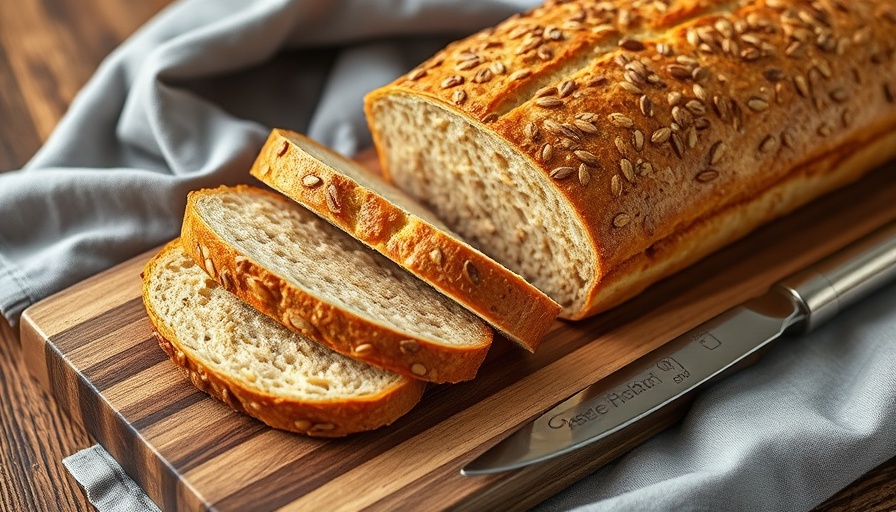 No Knead Seeded Honey Oat Artisan Bread sliced on wooden board.