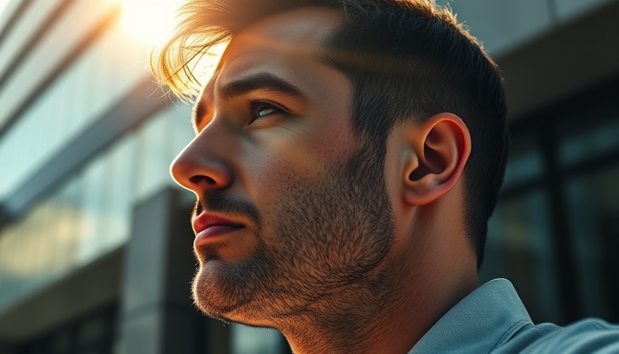Thoughtful man in sunlight with urban backdrop, A.I. drug repurposing concept.