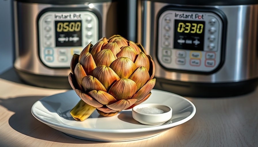 Instant Pot with cooked artichoke on white plate.