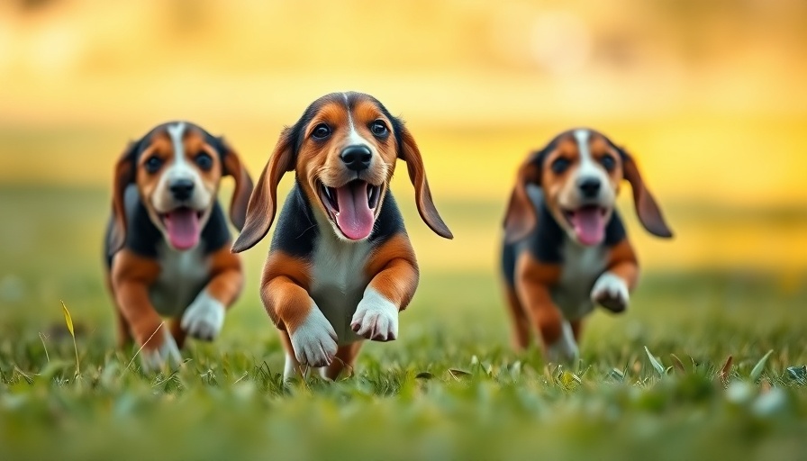 Three playful basset hound puppies running joyfully in the grass.
