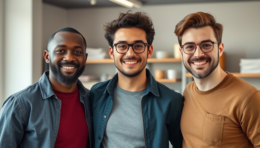 Diverse group of three men standing in an office environment.