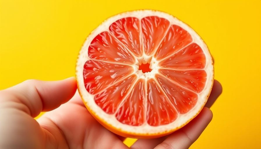 Hand holding grapefruit half on yellow background, promoting eating grapefruit for weight loss.