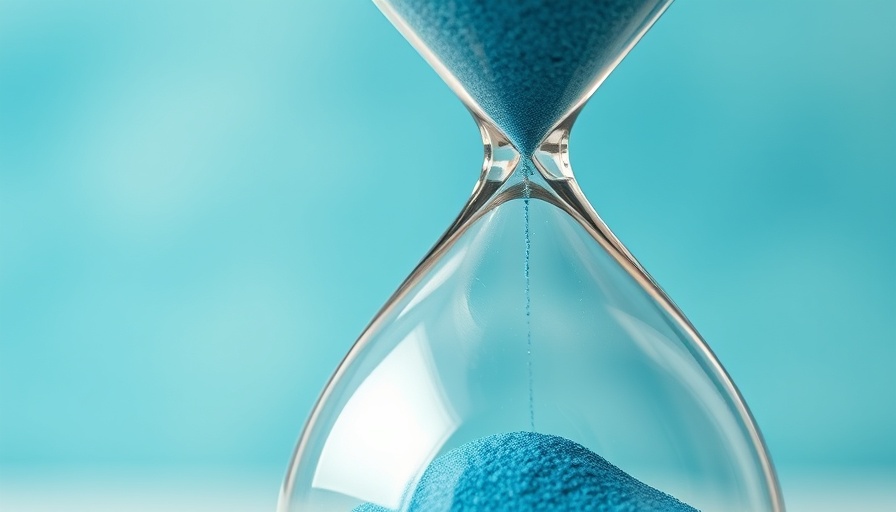 Glass hourglass with blue sand on a teal background, symbolizing time flow.