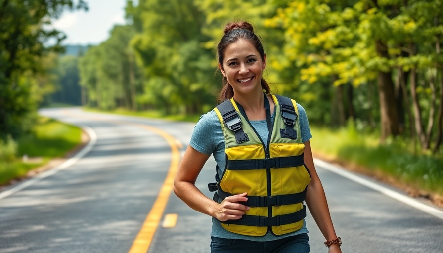 Woman wearing a weighted vest walking confidently on a quiet road.
