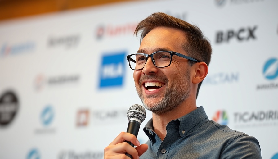 Person speaking at digital media event, smiling with microphone.