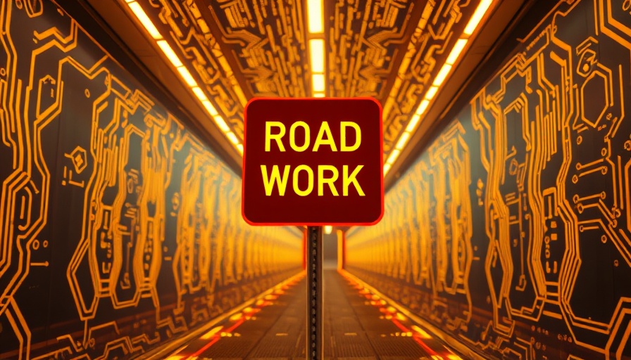 Futuristic road work sign in digital corridor; AI safety as a continuous challenge.