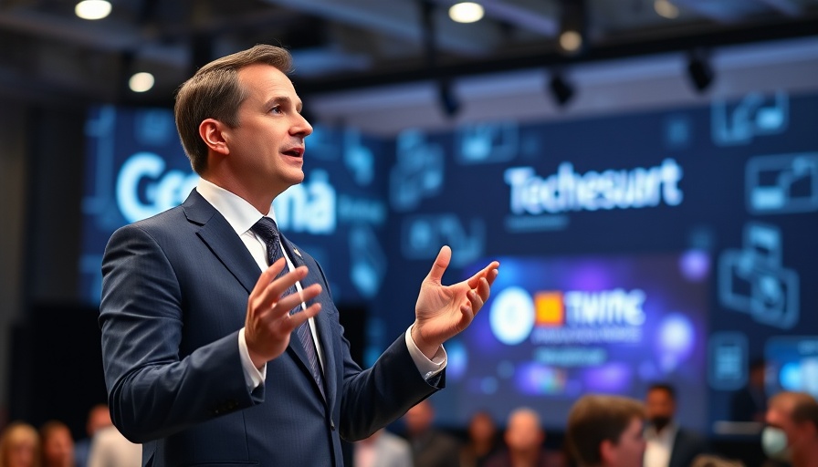Tech conference speaker gesturing about robotics startup funding