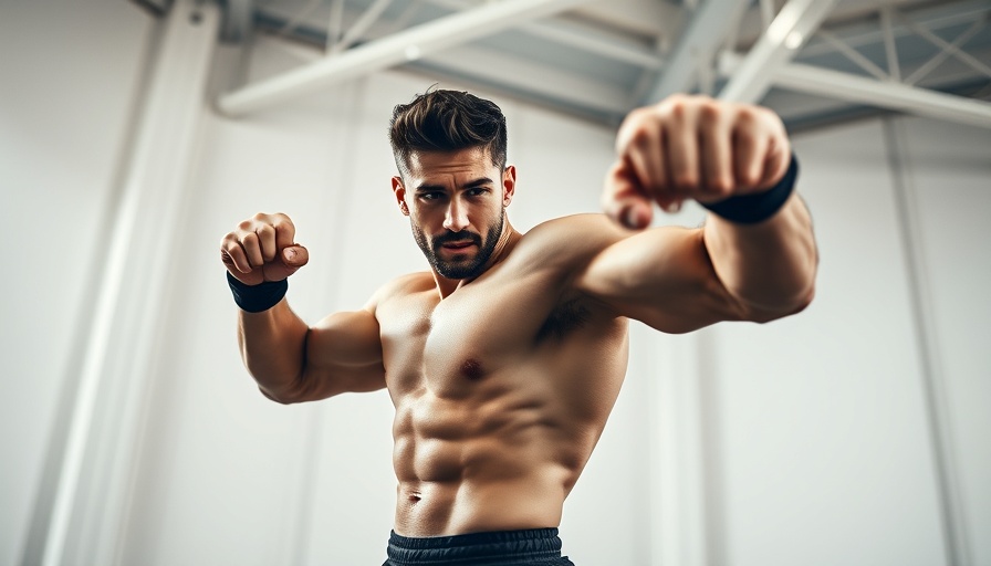 Energetic male athlete in gym demonstrating 30-minute cardio kickboxing workout.