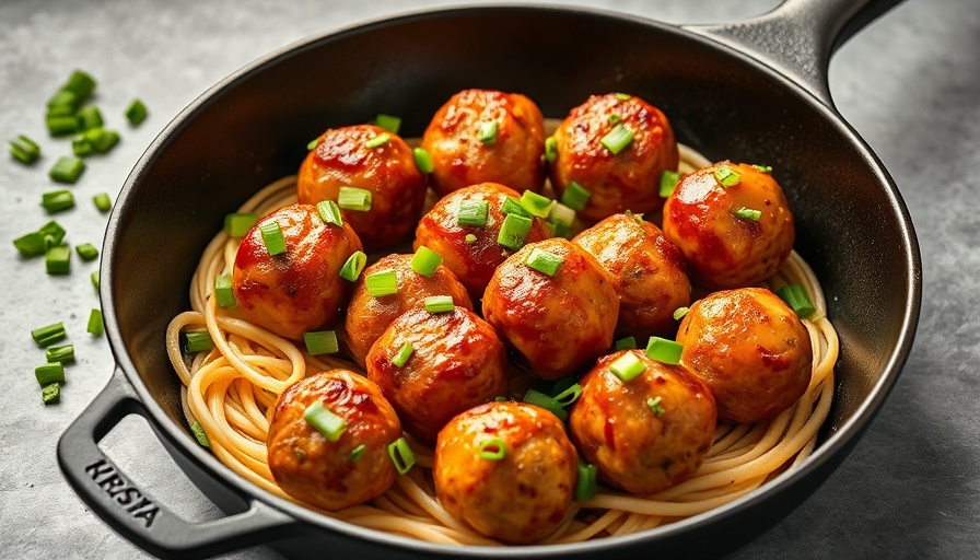 Firecracker chicken meatballs in skillet with garnishes and vegetables on gray background.