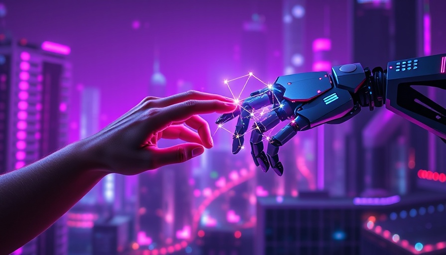 Futuristic human and robot hand connection in purple cityscape for Enterprise Planning Solutions.