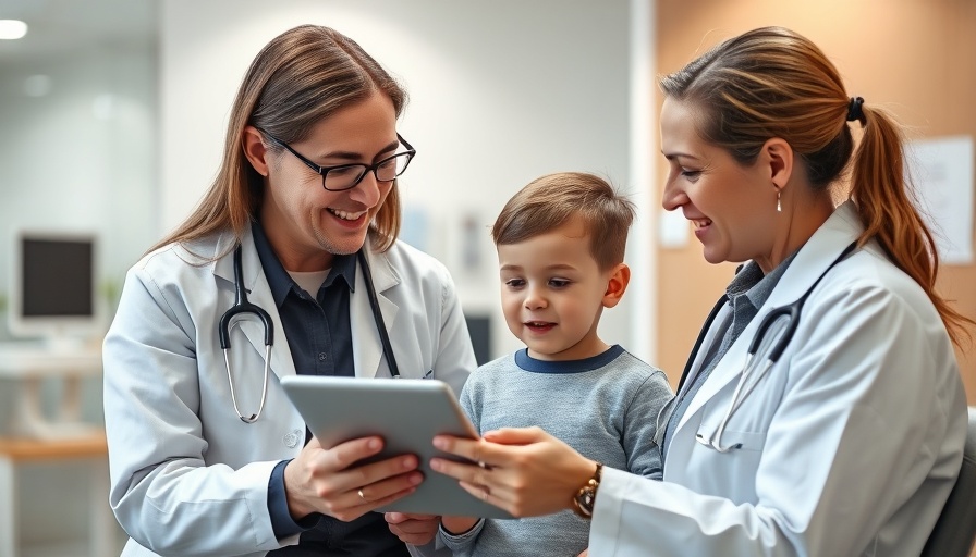 Friendly pediatric doctor using AI technology in clinic.