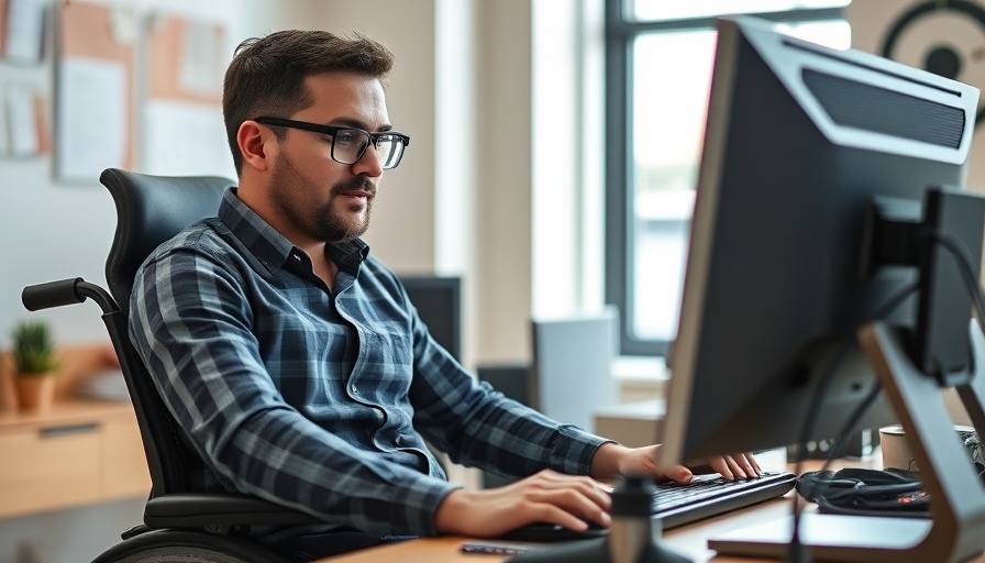 Man with disability engaged in computer work using adaptive technology.